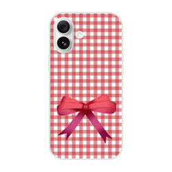 Red gingham bow iPhone case for iPhone 13-16, cute coquette aesthetic with durable printed bow motif.