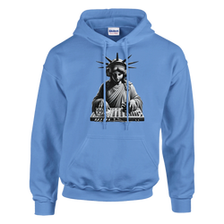 Blue Liberty DJ men's graphic hoodie featuring Statue of Liberty wearing headphones at a DJ mixer.