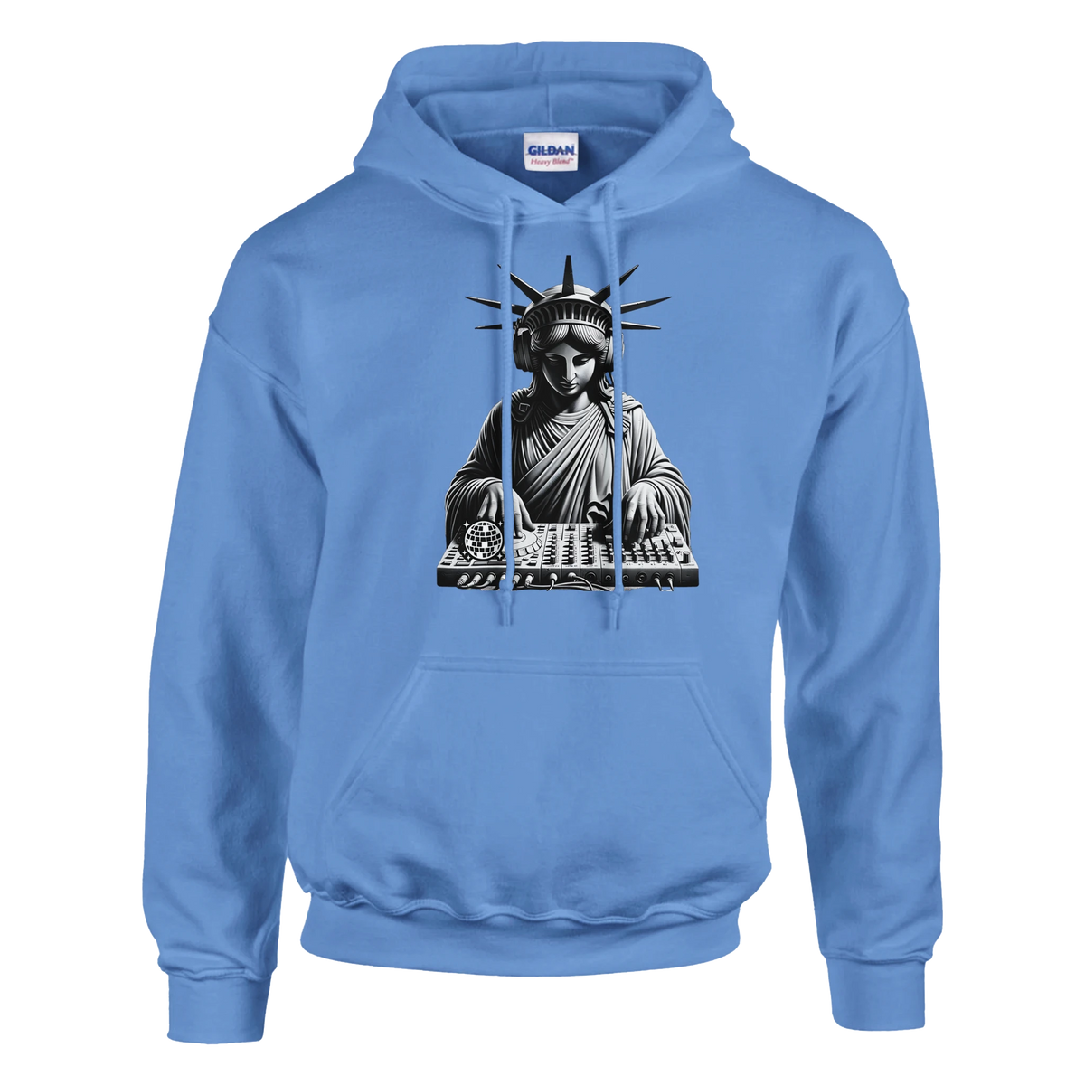 Blue Liberty DJ men's graphic hoodie featuring Statue of Liberty wearing headphones at a DJ mixer.