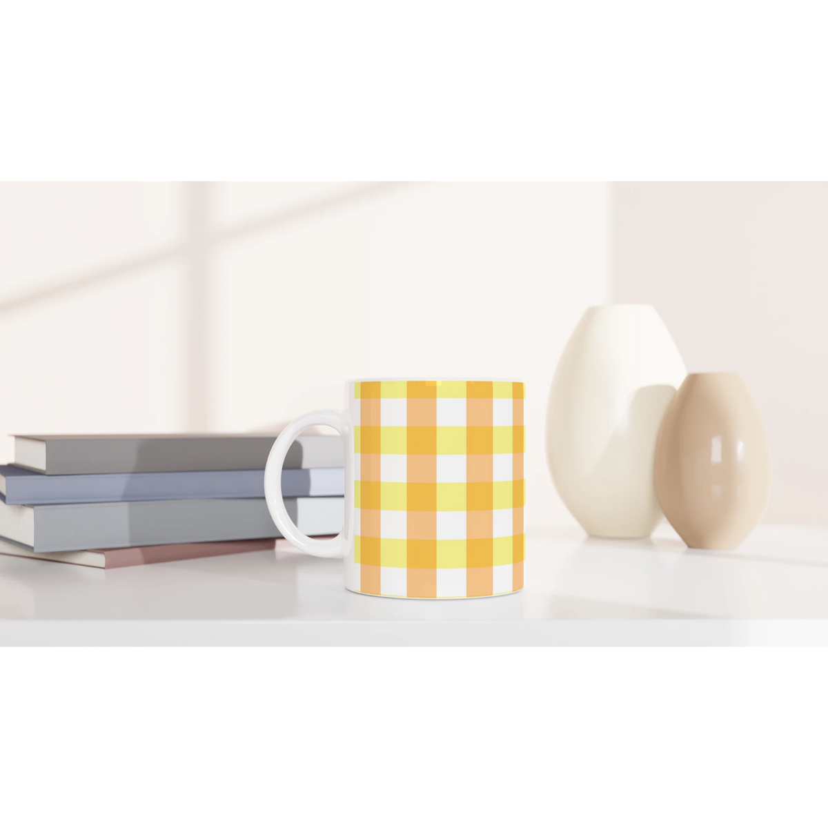 Yellow gingham ceramic mug with a checkered pattern, ideal for coffee or tea at home, office, or gifting.