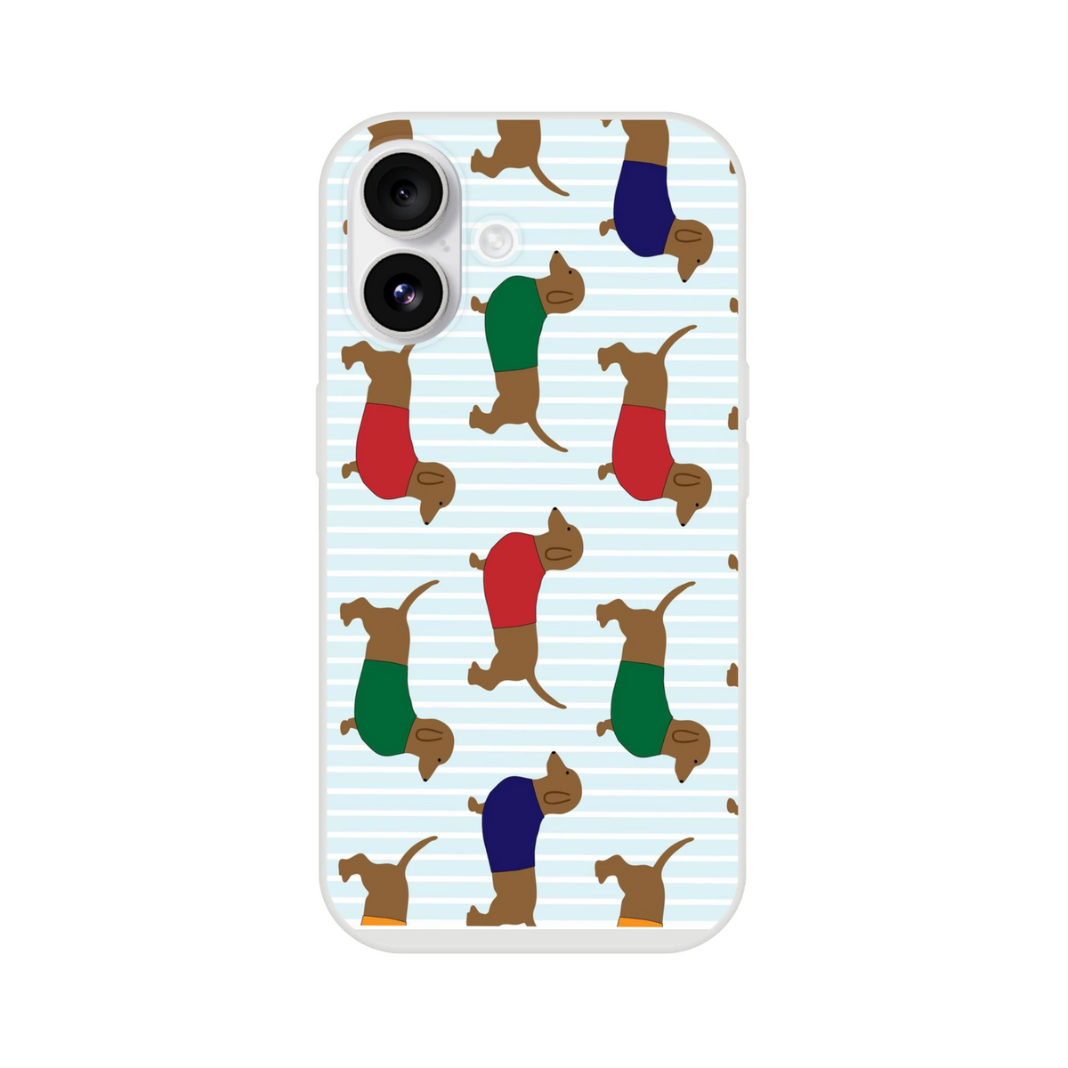 iPhone case with dachshund pattern on light-blue stripes and colorful legwear.