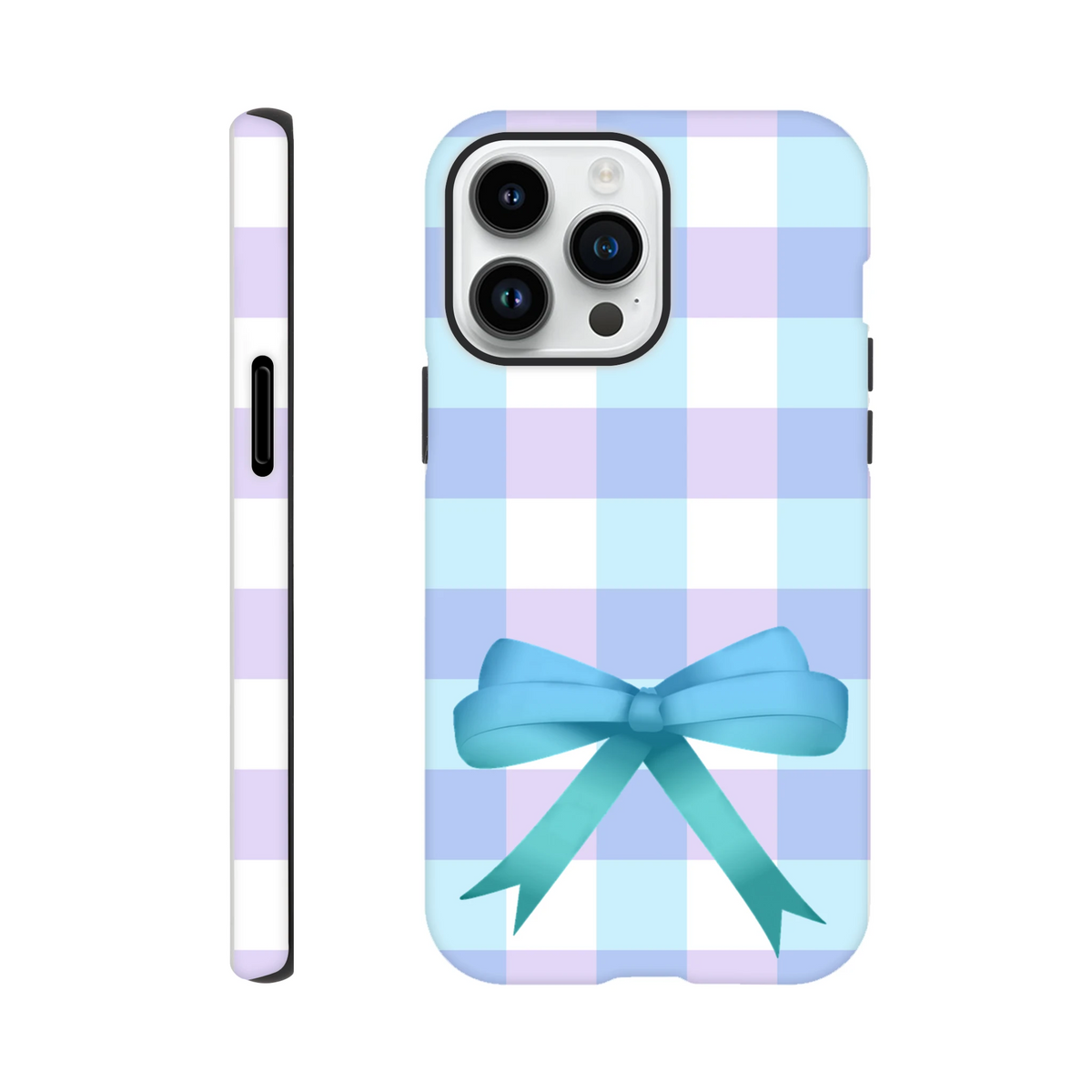 Pastel blue and purple gingham iPhone case featuring a central blue bow, combining coquette style with protective toughness for daily carry.