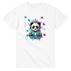 White t-shirt featuring a colorful DJ panda graphic with headphones, sunglasses, and a mixer, surrounded by teal and purple paint splatters.