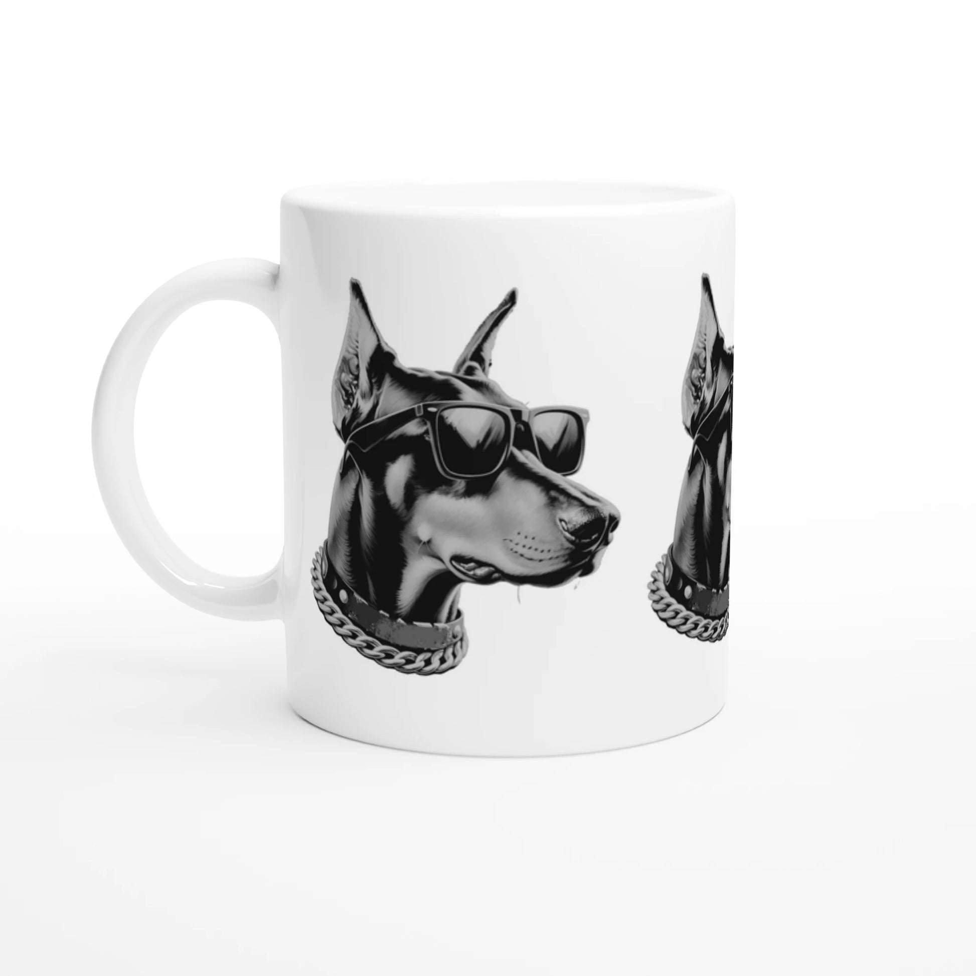 Gangster Dog Mug Gift For Him: white ceramic mug featuring a dog head wearing sunglasses and a chain.
