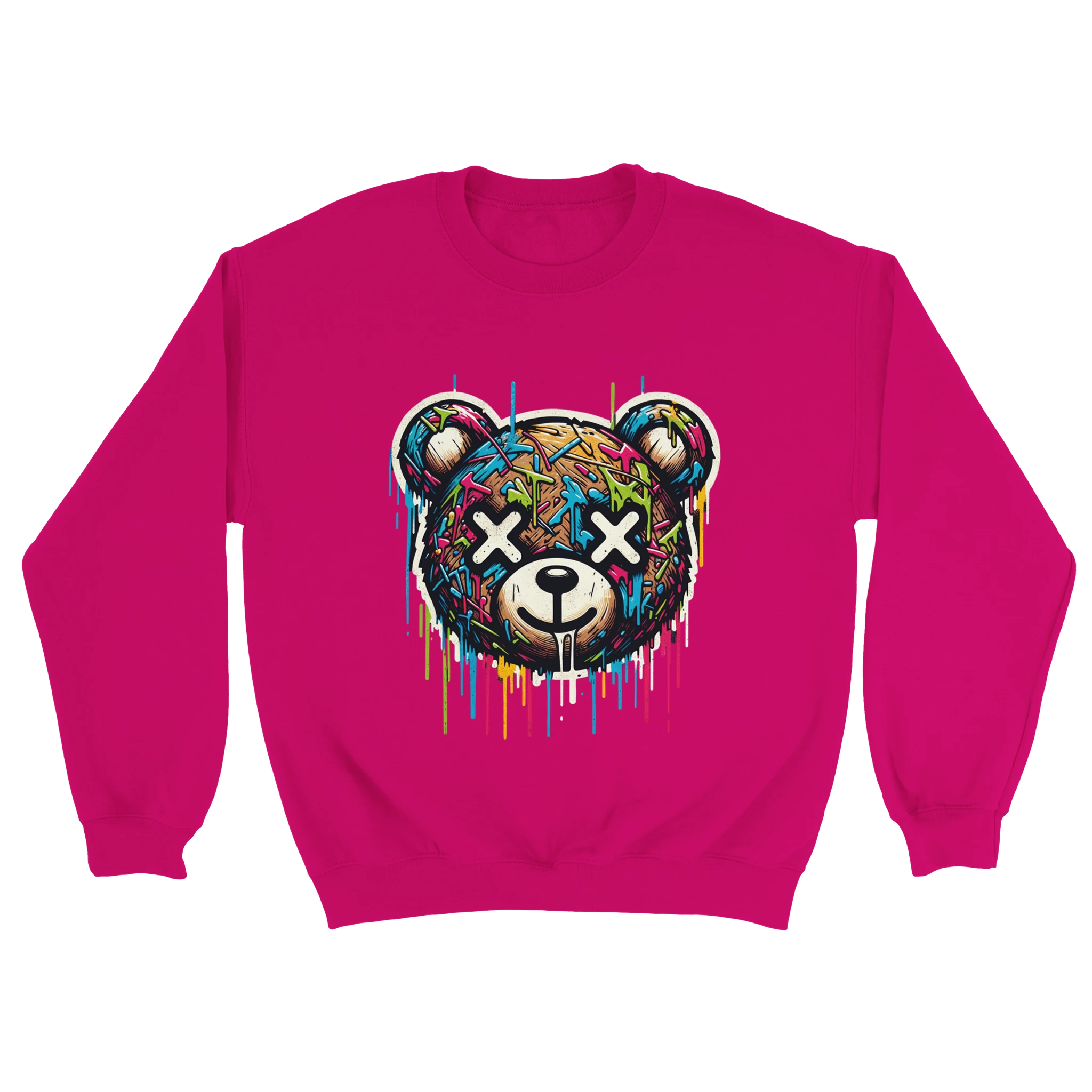 Pink sweatshirt with a multicolor graffiti teddy bear, X-eyed face, and dripping paint.