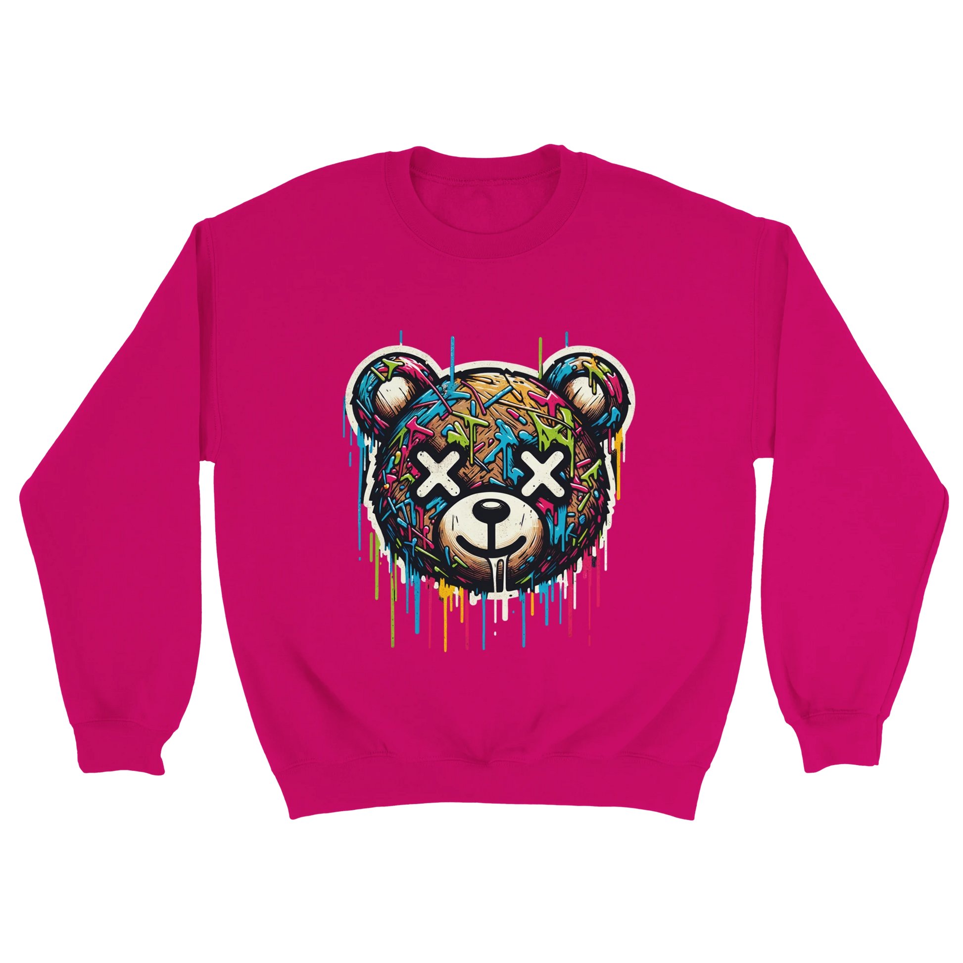 Pink men's graphic sweatshirt with a colorful bear graphic on a white background. Arms folded