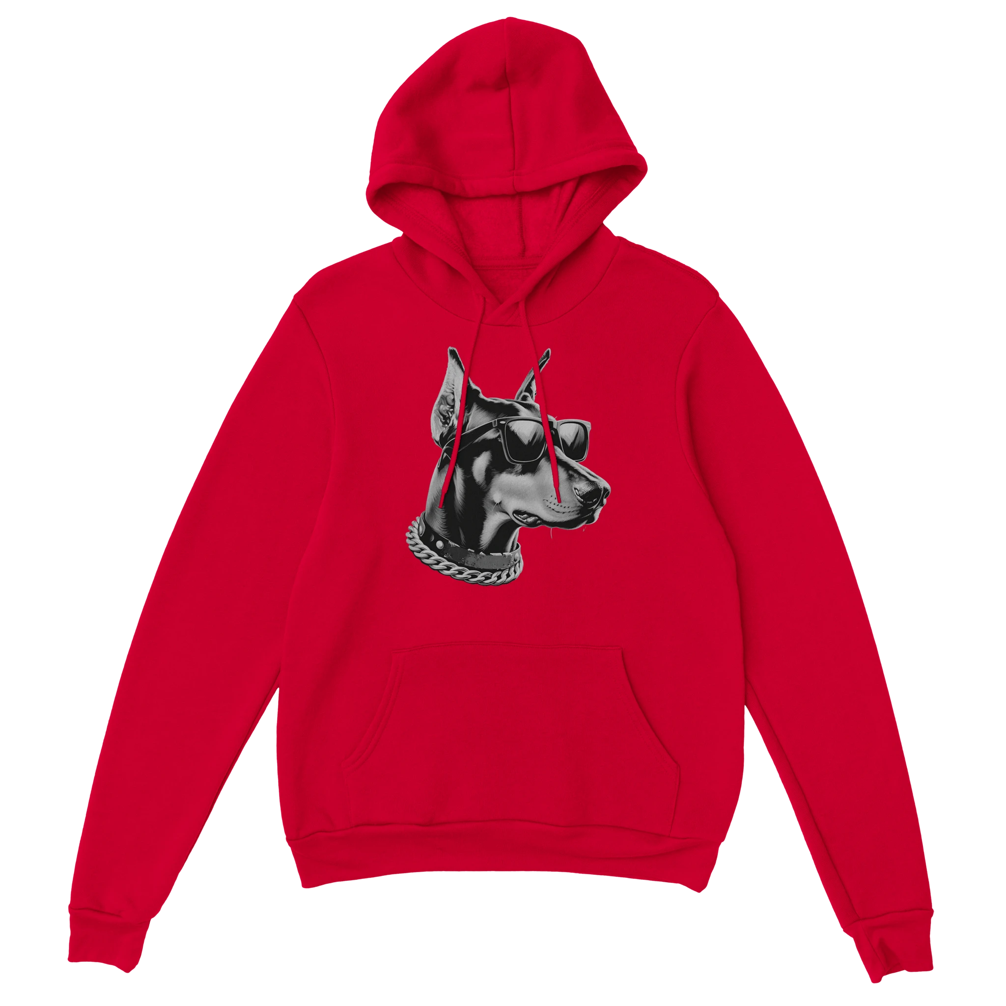 Red hoodie featuring a black-and-white gangster dog wearing sunglasses and a chunky chain.
