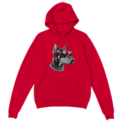Red hoodie featuring a black-and-white gangster dog wearing sunglasses and a chunky chain.