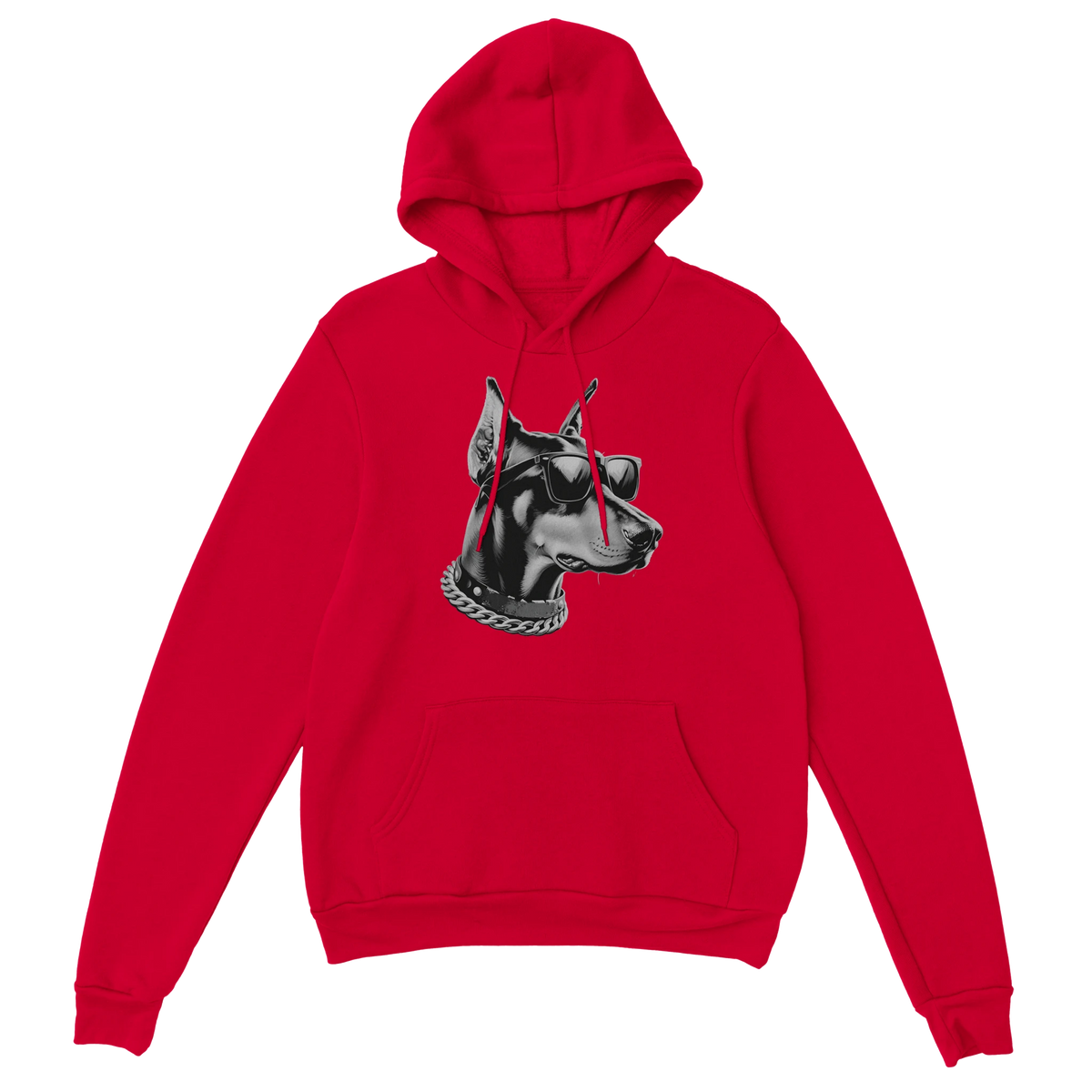 Red hoodie featuring a black-and-white gangster dog wearing sunglasses and a chunky chain.