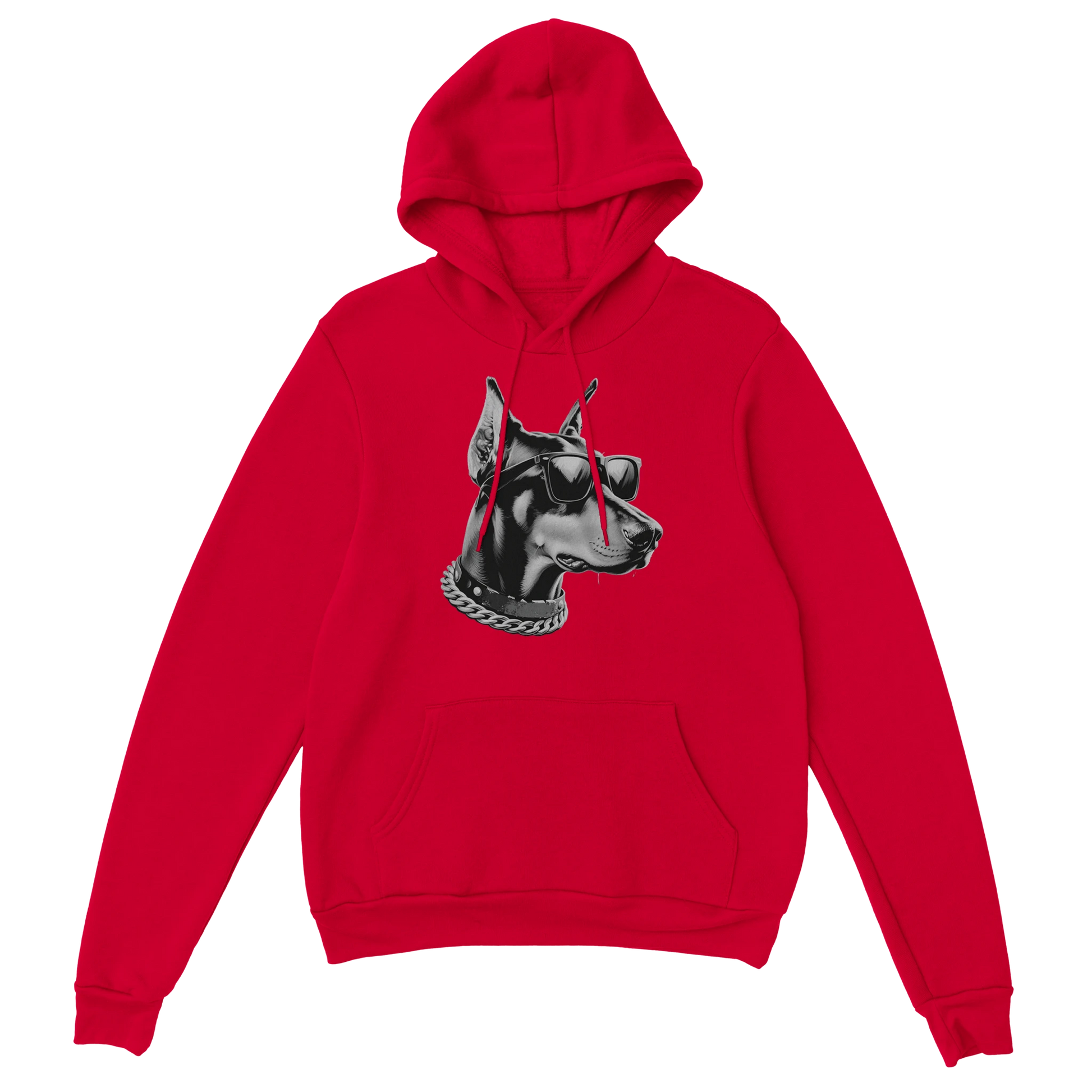Red hoodie featuring a black-and-white gangster dog wearing sunglasses and a chunky chain.