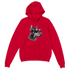 Red hoodie featuring a black-and-white gangster dog wearing sunglasses and a chunky chain.