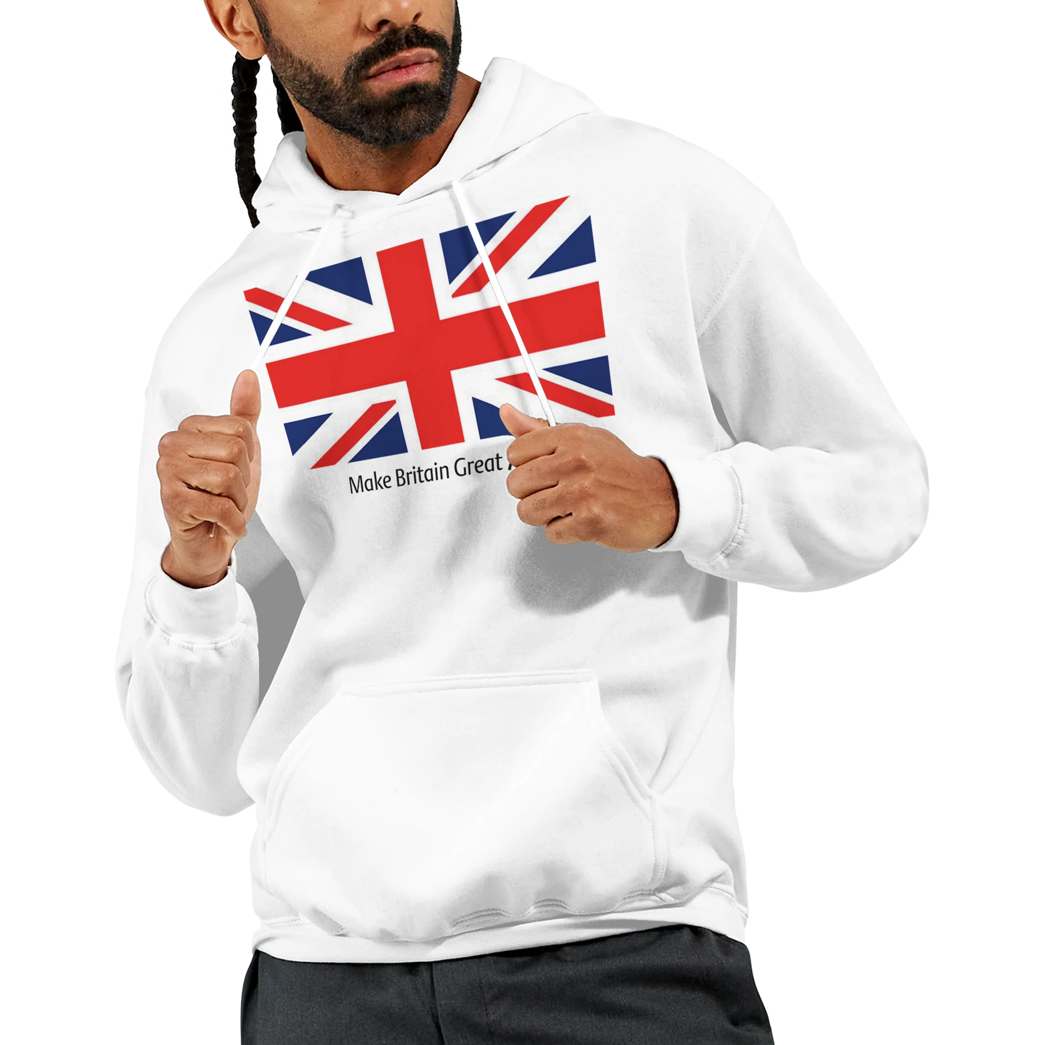 Men's Union Jack hoodie, 50/50 cotton-poly blend, bold graphic, sizes S to XL, warm durable casual wear