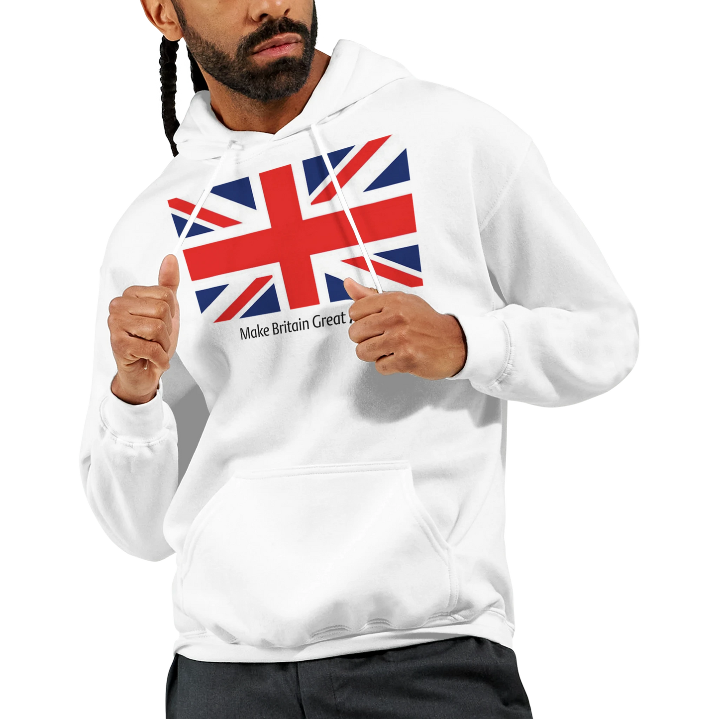 Person wearing a white men's union jack hoodie with text on a white background. 6