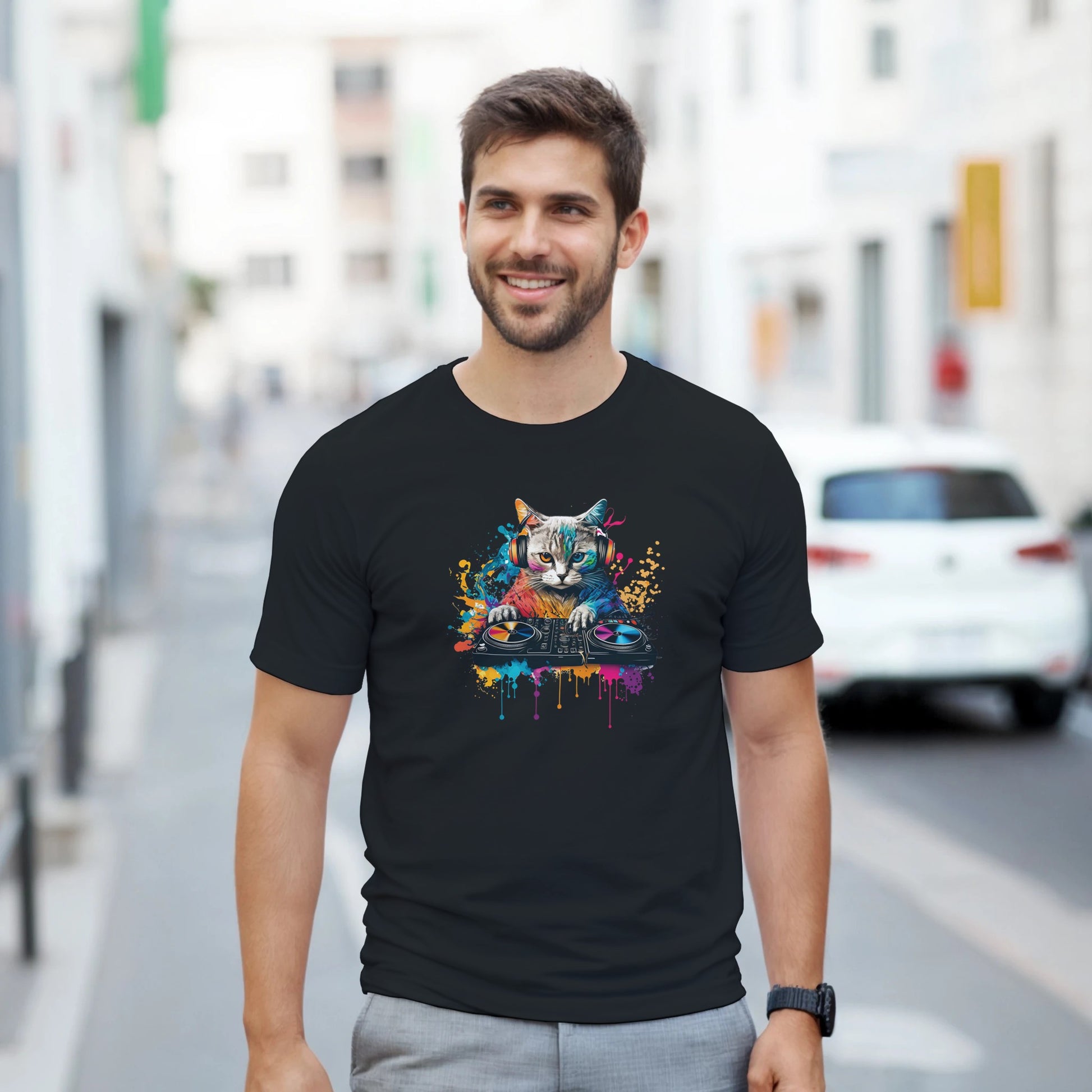 Urban Palm Trees
Men's Cat DJ Graphic T-Shirt - Soft Cotton Blend Tee in White, Red, Pink, Blue, Grey, Black | Sizes S-5XL