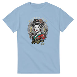 Light blue men's crew-neck tee featuring Geisha girl graphic, circular backdrop, floral kimono, and gold accents.