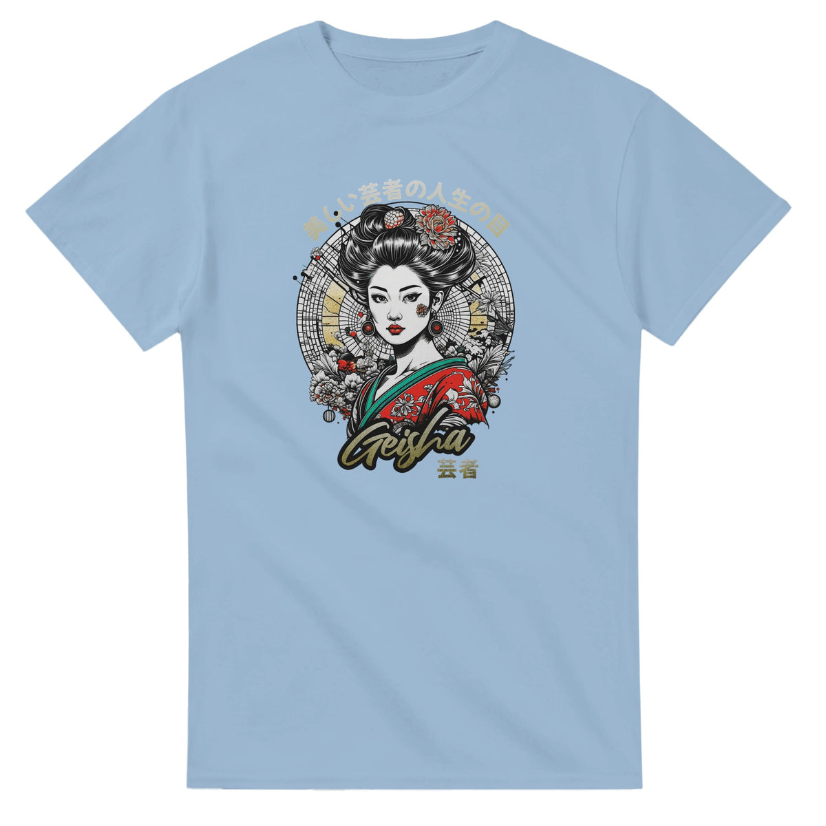 Light blue men's crew-neck tee featuring Geisha girl graphic, circular backdrop, floral kimono, and gold accents.