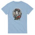 Light blue men's crew-neck tee featuring Geisha girl graphic, circular backdrop, floral kimono, and gold accents.