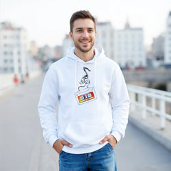 Man wearing Retro Cassette Tape Hoodie for Men - Vintage Music Graphic Pullover, white hoodie in urban setting.