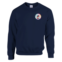 Navy sweatshirt featuring a colorful retro "Urban Palm Trees" circular graphic on the chest.