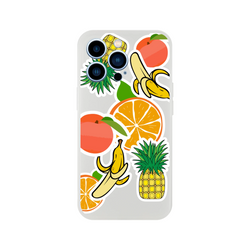 Transparent iPhone case featuring bold sticker-style graphics of oranges, bananas, pineapples, and peaches for a tropical streetwear look.