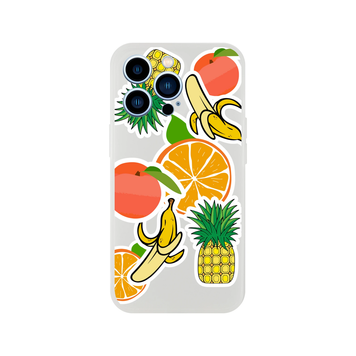 Transparent iPhone case featuring bold sticker-style graphics of oranges, bananas, pineapples, and peaches for a tropical streetwear look.