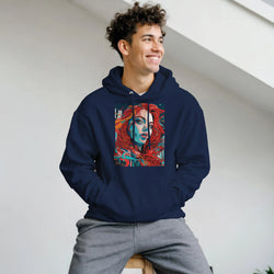 Man wearing navy blue hoodie with bold urban pop art graphic of a redheaded woman in teal and red streetwear pullover.