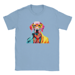 Gent Dog graphic tee: colorful dog wearing yellow glasses on a light blue shirt.