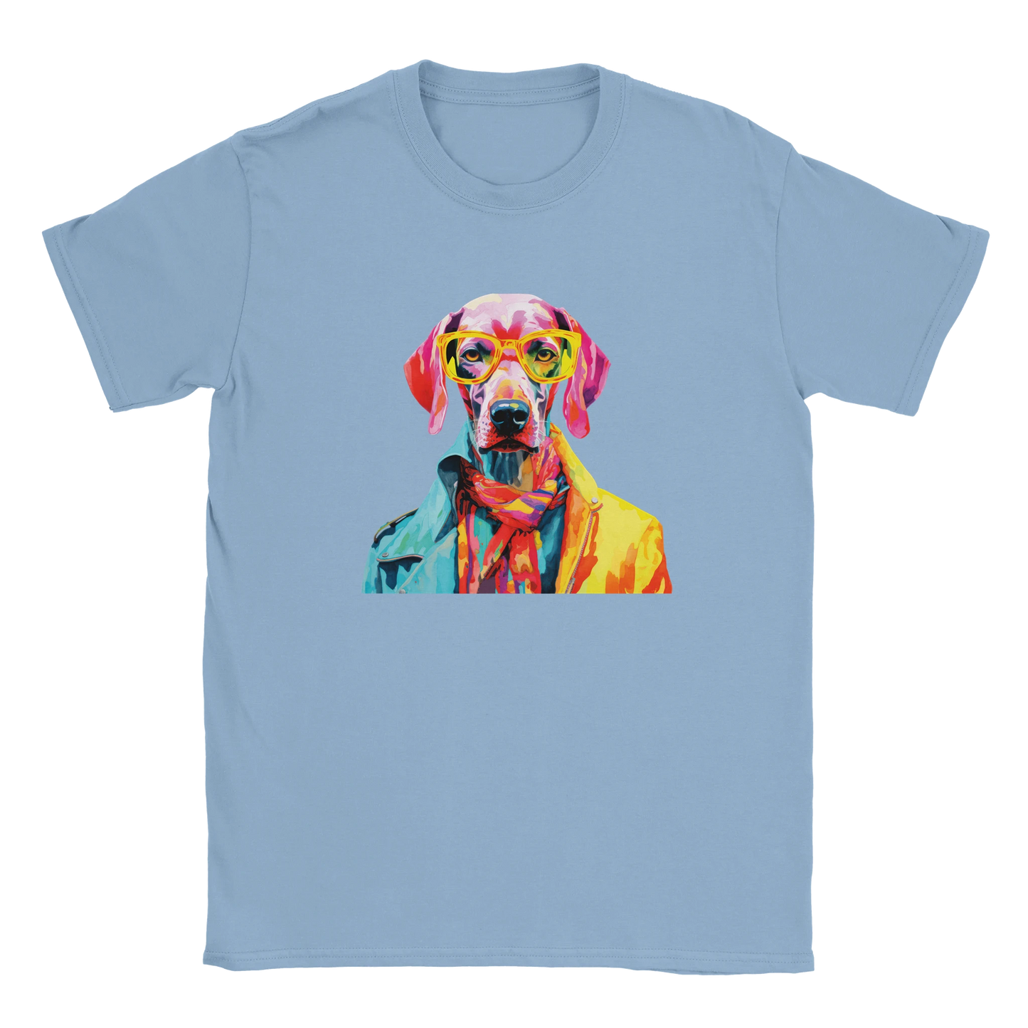 Gent Dog graphic tee: colorful dog wearing yellow glasses on a light blue shirt.
