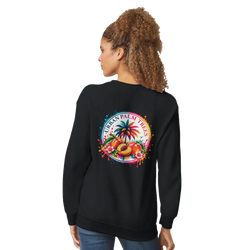 Black women's hoodie featuring retro tropical peach and palm tree back print for cozy streetwear style.