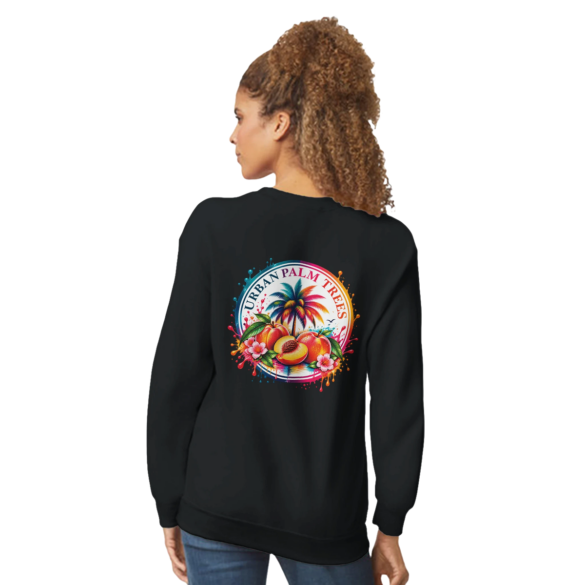 Black women's hoodie featuring retro tropical peach and palm tree back print for cozy streetwear style.