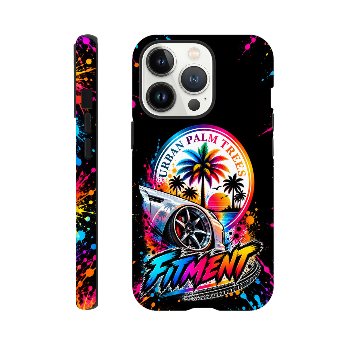 Fitment iPhone case featuring a lowered modified car, colorful Urban Palm Trees graphic, and vibrant paint splatter on a glossy black background.