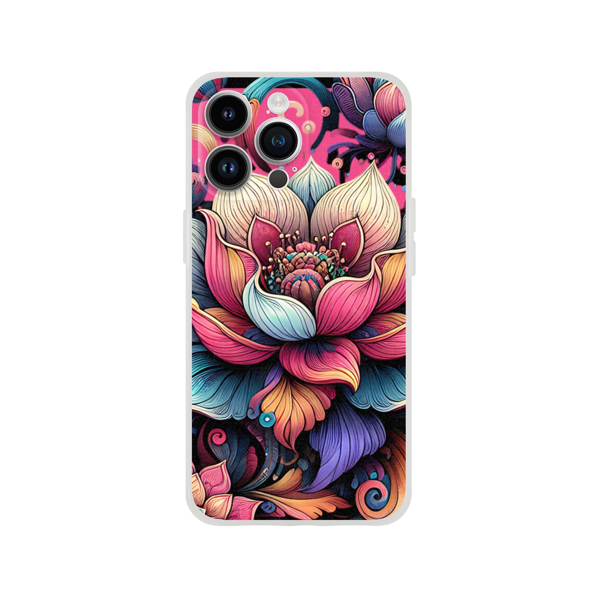Mandala flower iPhone case with vibrant boho design; slim protective cover for iPhone 16/15/14/13.