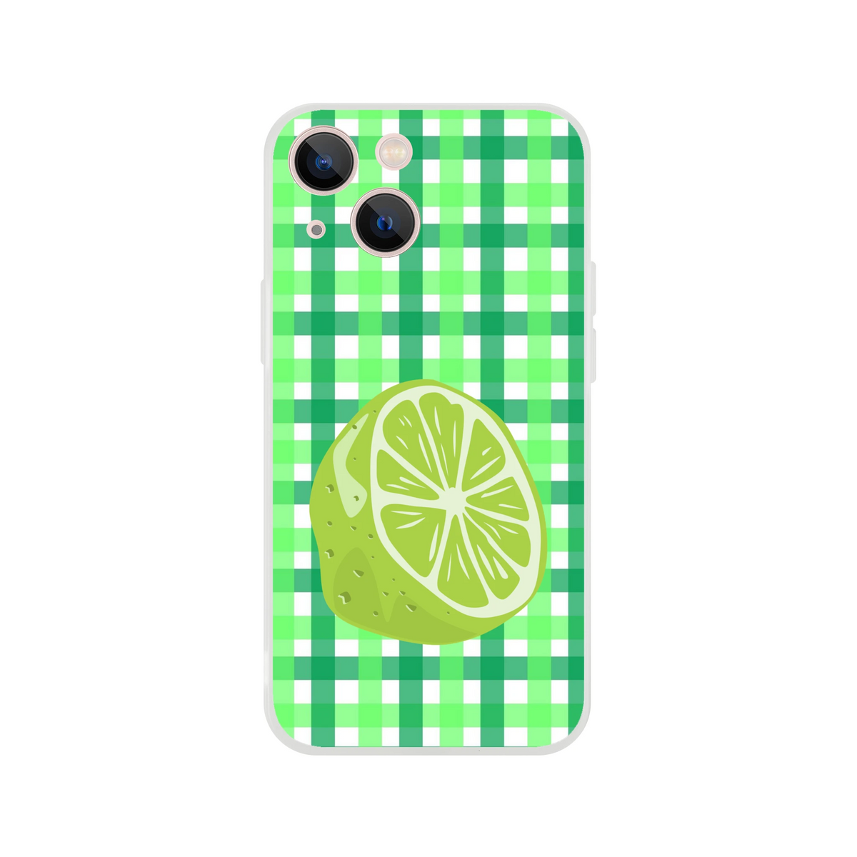 Cute lime gingham iPhone case for iPhone 13–16, green aesthetic cover with lime slice art.