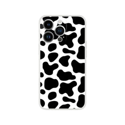 Black and white cow-print iPhone case for iPhone 13–16 with camera cutouts, bold Y2K animal style.
