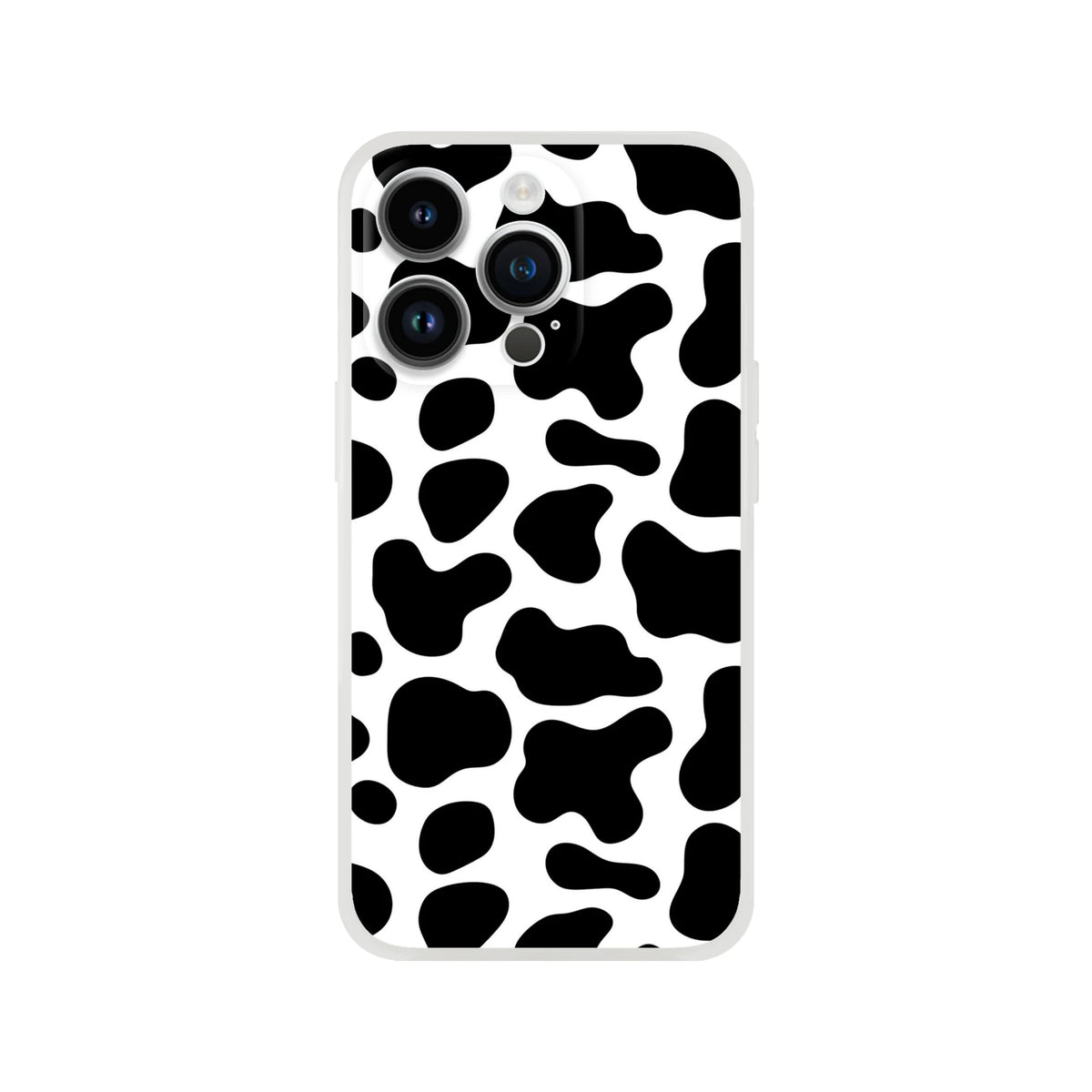 Black and white cow-print iPhone case for iPhone 13–16 with camera cutouts, bold Y2K animal style.