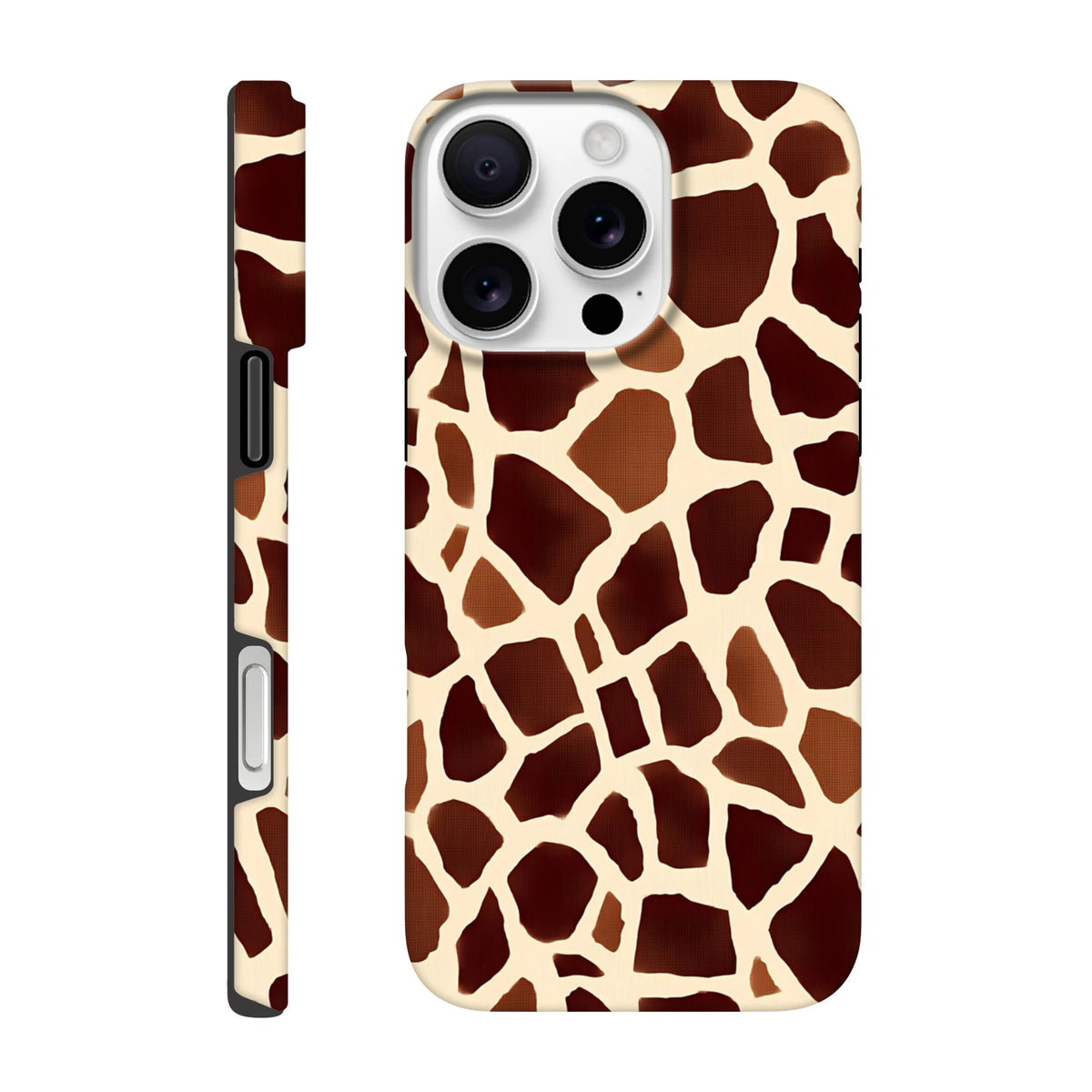 Giraffe print tough iPhone case featuring a bold safari animal pattern. Earthy brown spots wrap cleanly around the edges for rugged wildlife style.