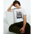 Man wearing Car T Shirt with JDM graphic on white soft cotton tee featuring a car and cityscape.