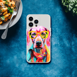Vibrant illustrated dog with yellow glasses on a transparent iPhone case.