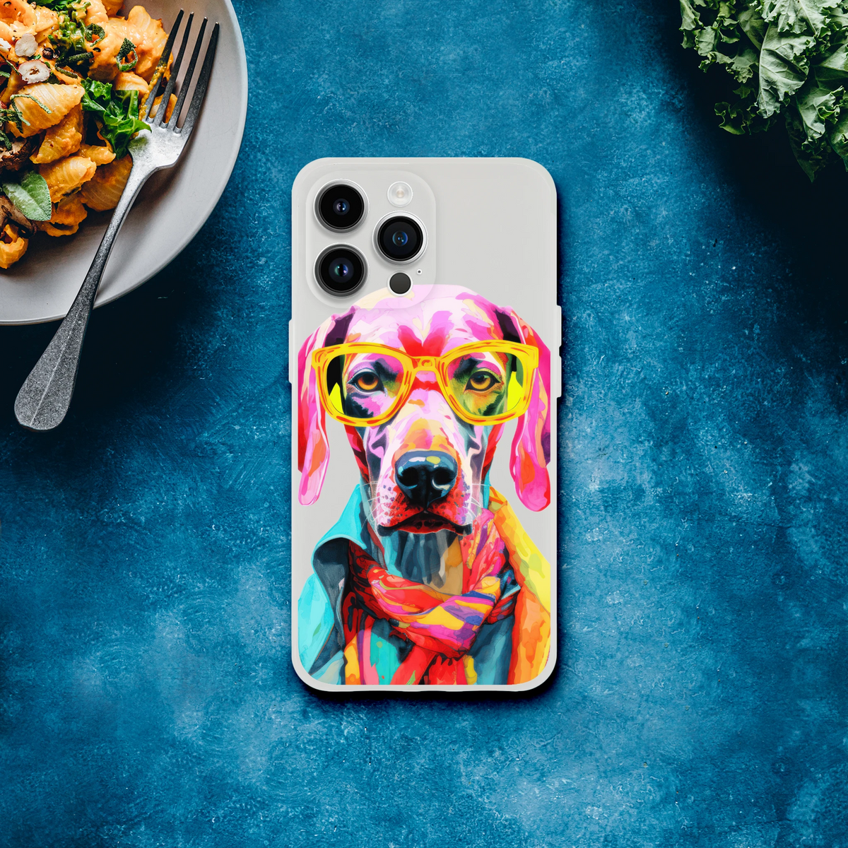 Vibrant illustrated dog with yellow glasses on a transparent iPhone case.