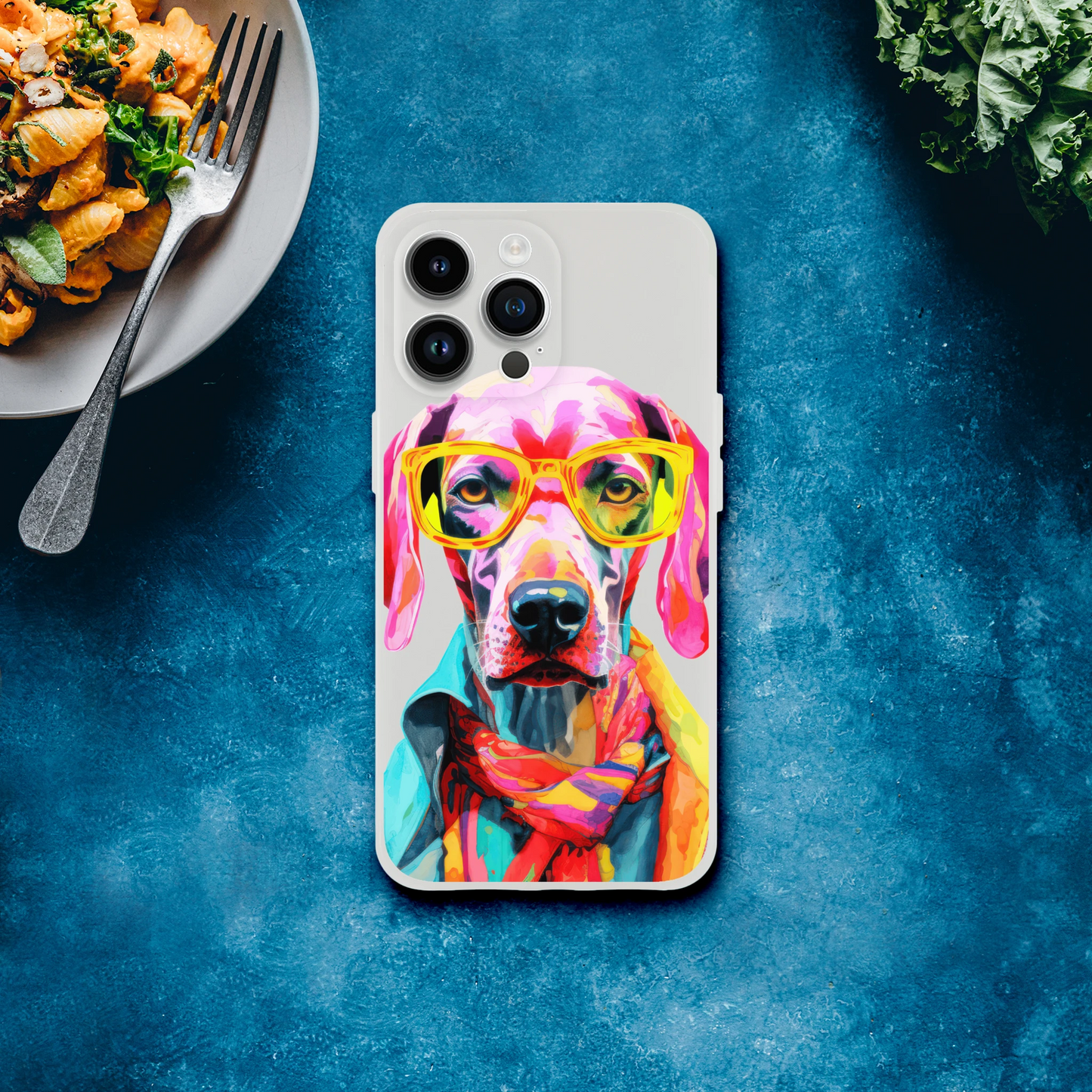Vibrant illustrated dog with yellow glasses on a transparent iPhone case.