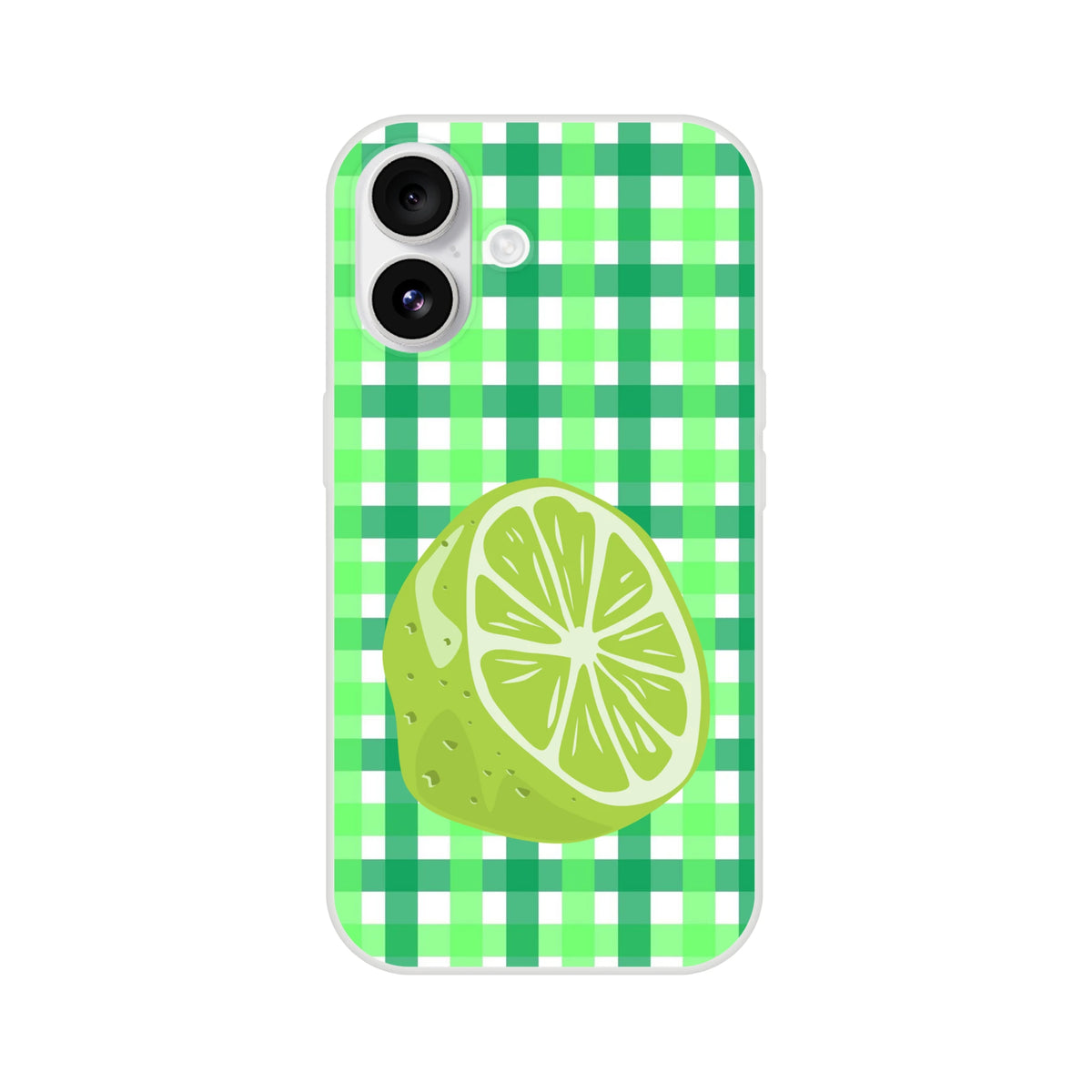 Green lime gingham iPhone case with lime slice accent for iPhone 13–16, bold aesthetic pattern