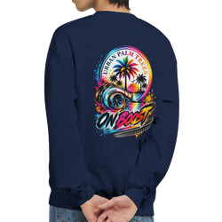 Navy blue sweatshirt back featuring colorful "On Boost" turbocharger and palm tree graphic with neon sunset design.