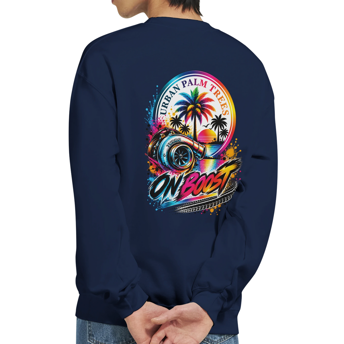 Navy blue sweatshirt back featuring colorful "On Boost" turbocharger and palm tree graphic with neon sunset design.