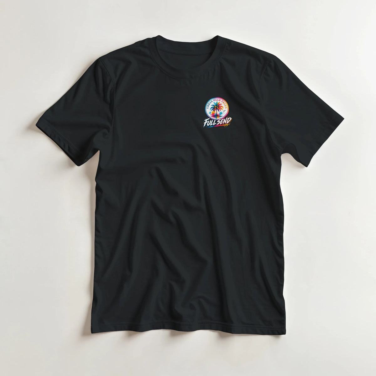 Black men's t-shirt featuring a colorful "Full Send" palm tree graphic on the chest for a retro streetwear look.