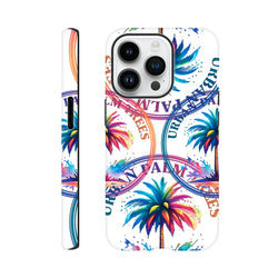 Vibrant tropical palm tree and text wraparound print on a tough white iPhone case for city life and streetwear style.