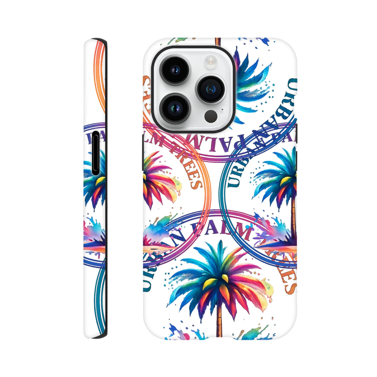 Vibrant tropical palm tree and text wraparound print on a tough white iPhone case for city life and streetwear style.