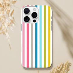 Retro rainbow vertical stripe iPhone tough case featuring vibrant pink, blue, yellow, and green columns on white.
