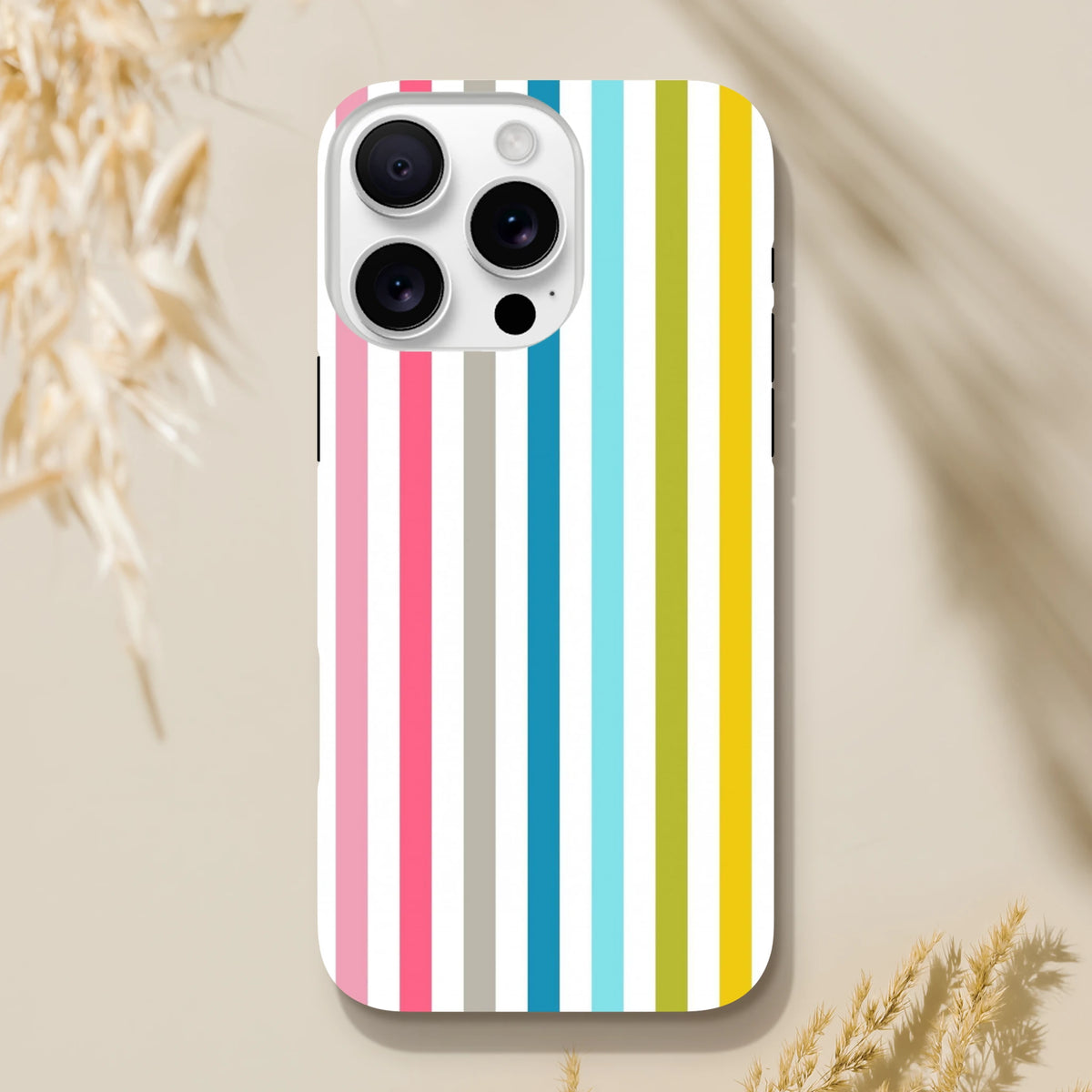 Retro rainbow vertical stripe iPhone tough case featuring vibrant pink, blue, yellow, and green columns on white.