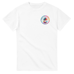 White crew neck t-shirt featuring a colorful circular Urban Palm Trees graphic on the chest. Short sleeves with retro tropical design.