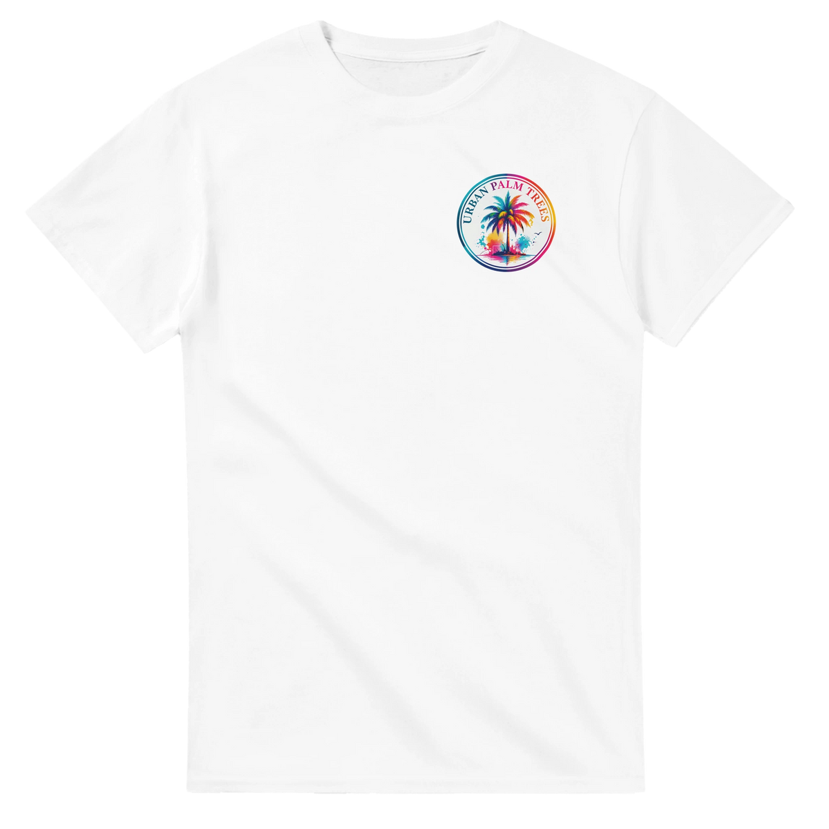 White crew neck t-shirt featuring a colorful circular Urban Palm Trees graphic on the chest. Short sleeves with retro tropical design.